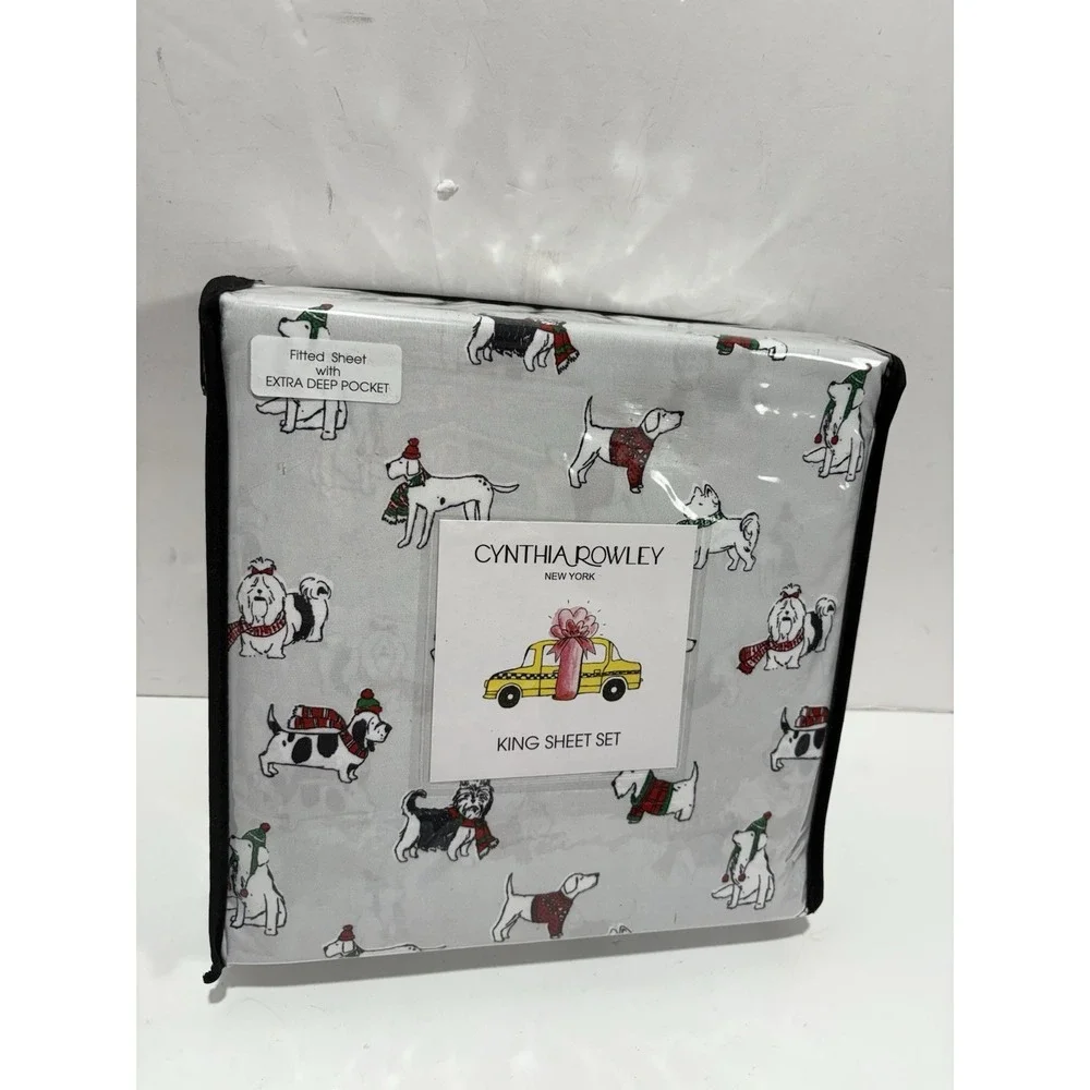 Cynthia Rowley Christmas Dog KING Sheet‎ Set Holiday Winter Sweater Scarf XDeep